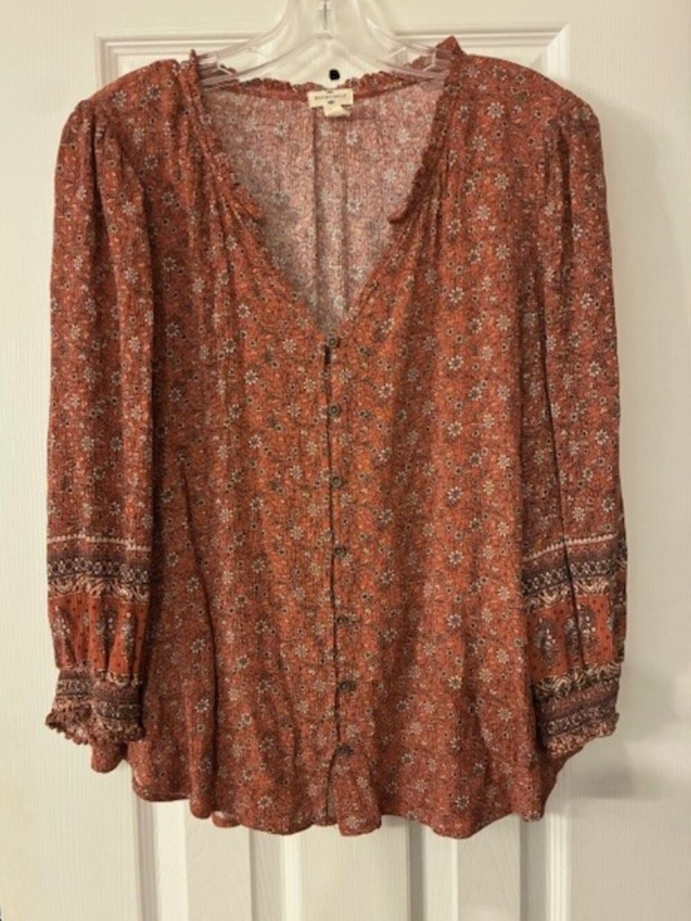 Mason & Belle Top Womens XL Peasant Rust Floral Print 3/4 Sleeve Button Up Boho